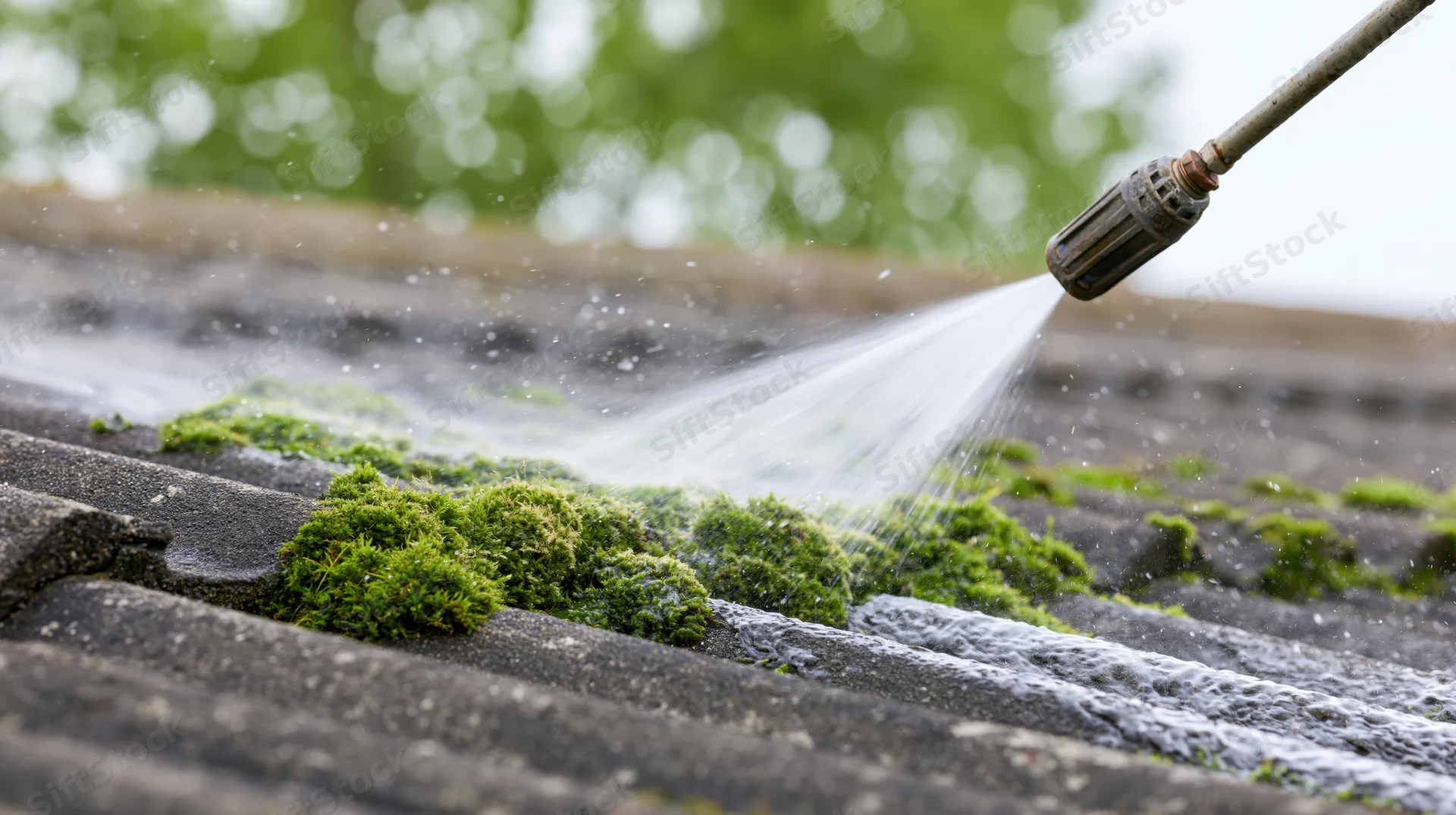 Pressure washer nozzle spraying water onto moss-covered roof tiles during outdoor cleaning