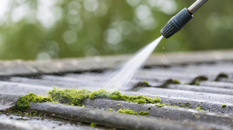 Pressure washer nozzle spraying water onto moss-covered roof surface