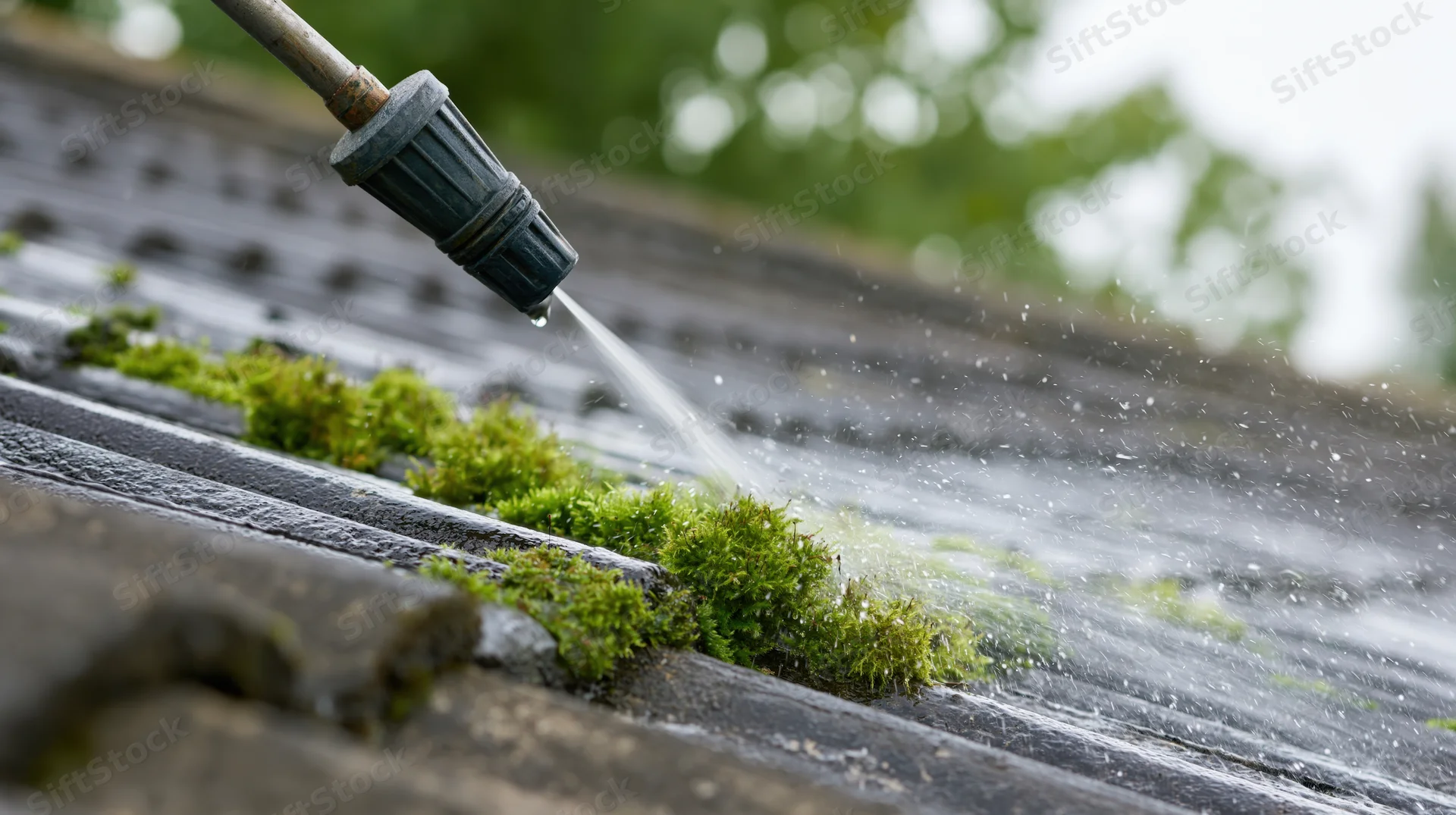 Pressure washer nozzle spraying water onto moss-covered roof tiles outdoors
