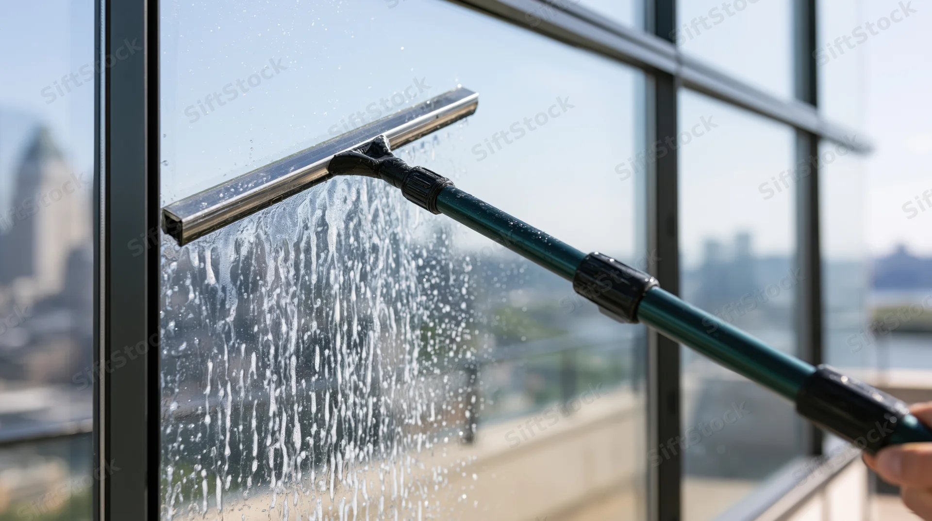Professional window squeegee cleaning wet glass on high-rise building exterior