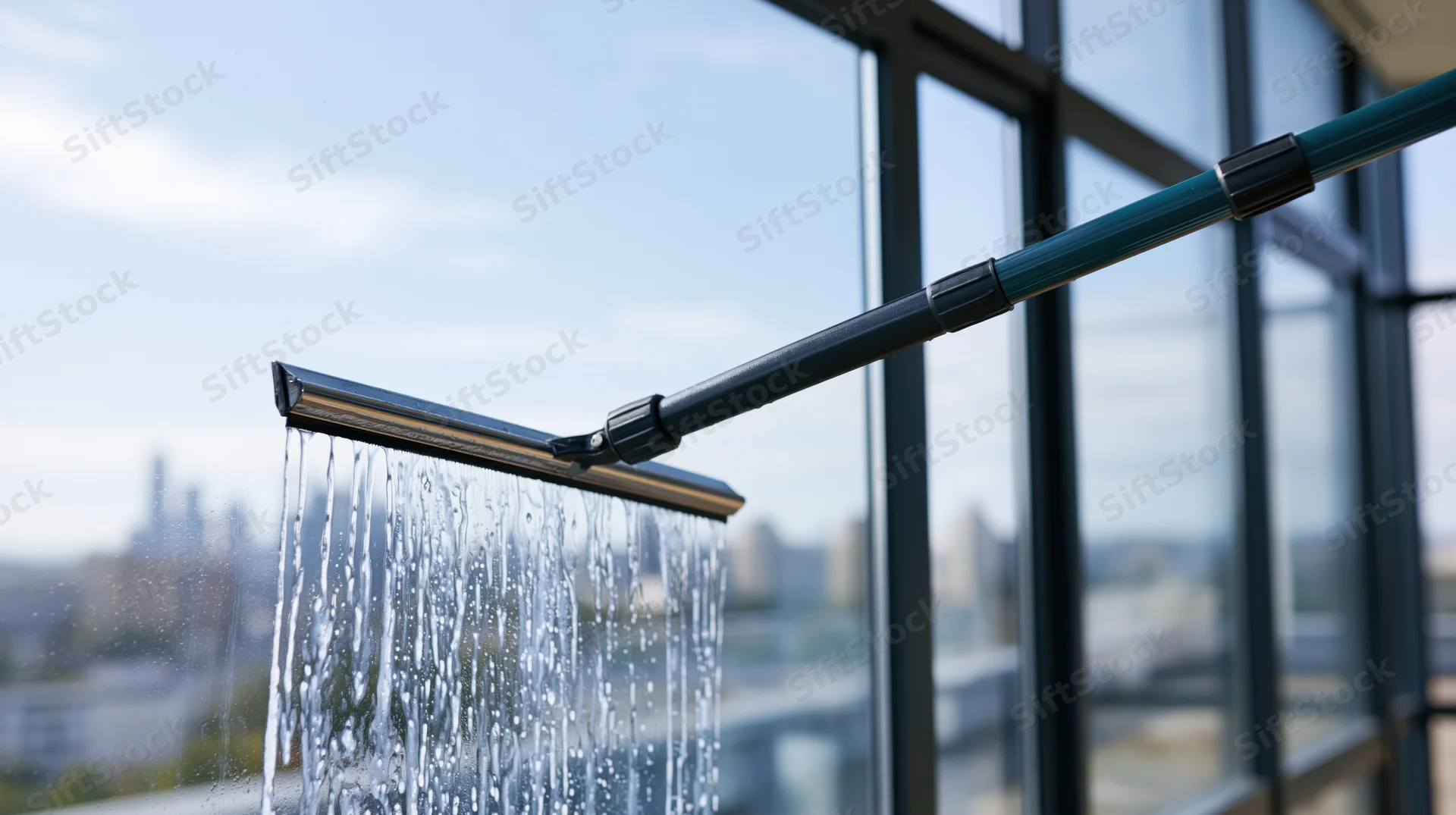 Professional window squeegee removing water from a high-rise glass facade