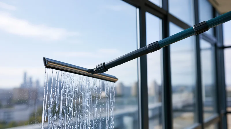 Professional window squeegee removing water from a high-rise glass facade