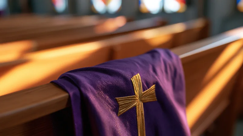 Purple liturgical stole with gold embroidered cross draped over wooden church pew