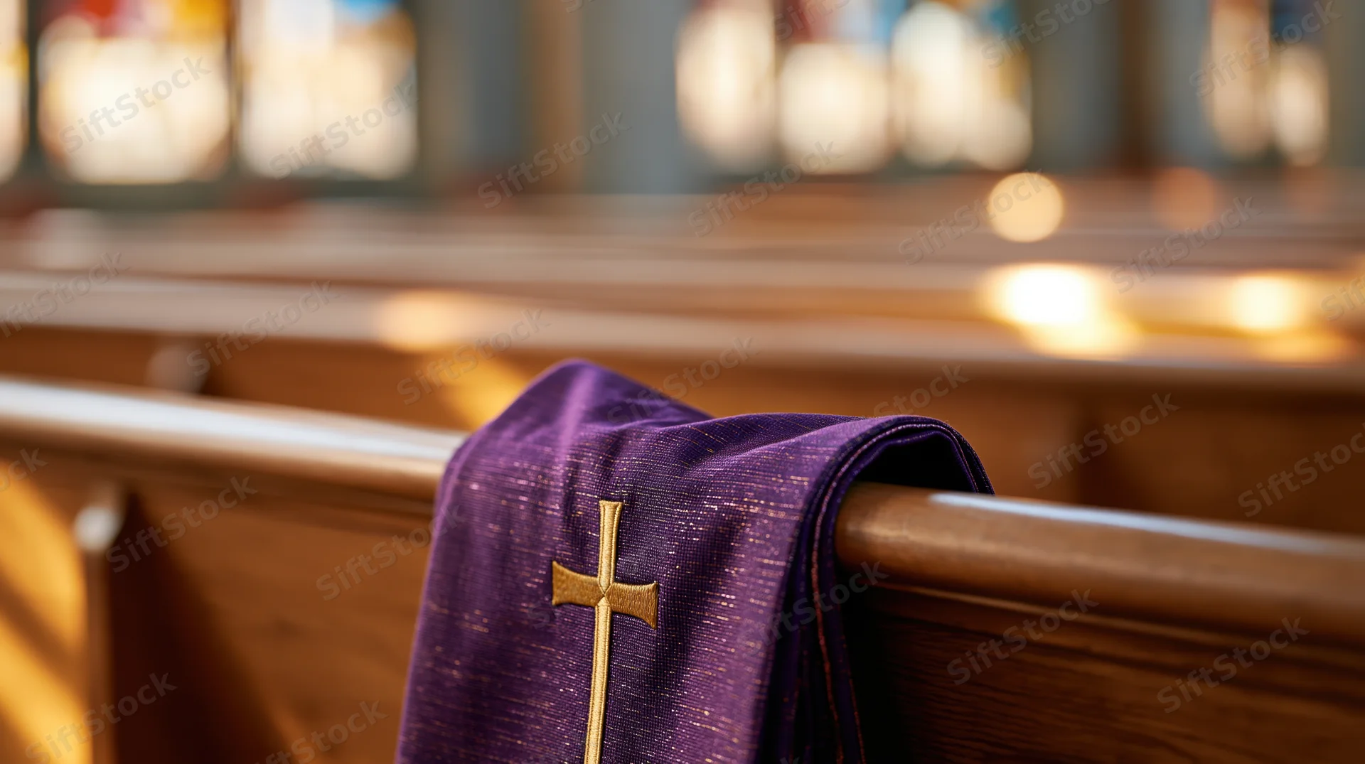 Purple liturgical stole with gold embroidered cross draped over wooden church pew