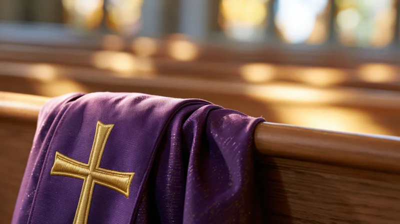 Purple liturgical stole with gold embroidered cross draped over wooden pew in church interior