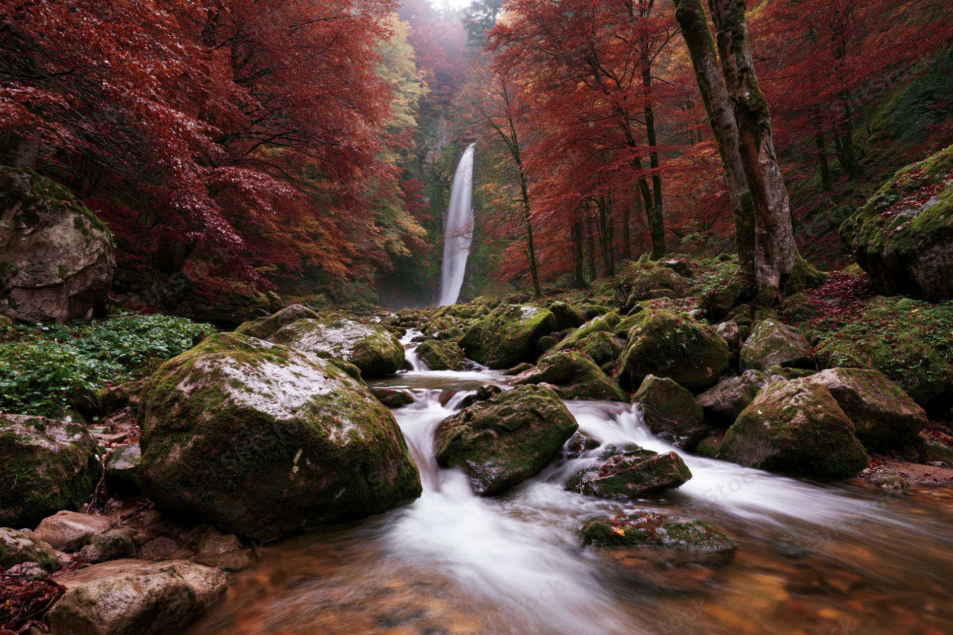 Rocky forest stream flowing over moss-covered boulders toward a waterfall in autumn foliage
