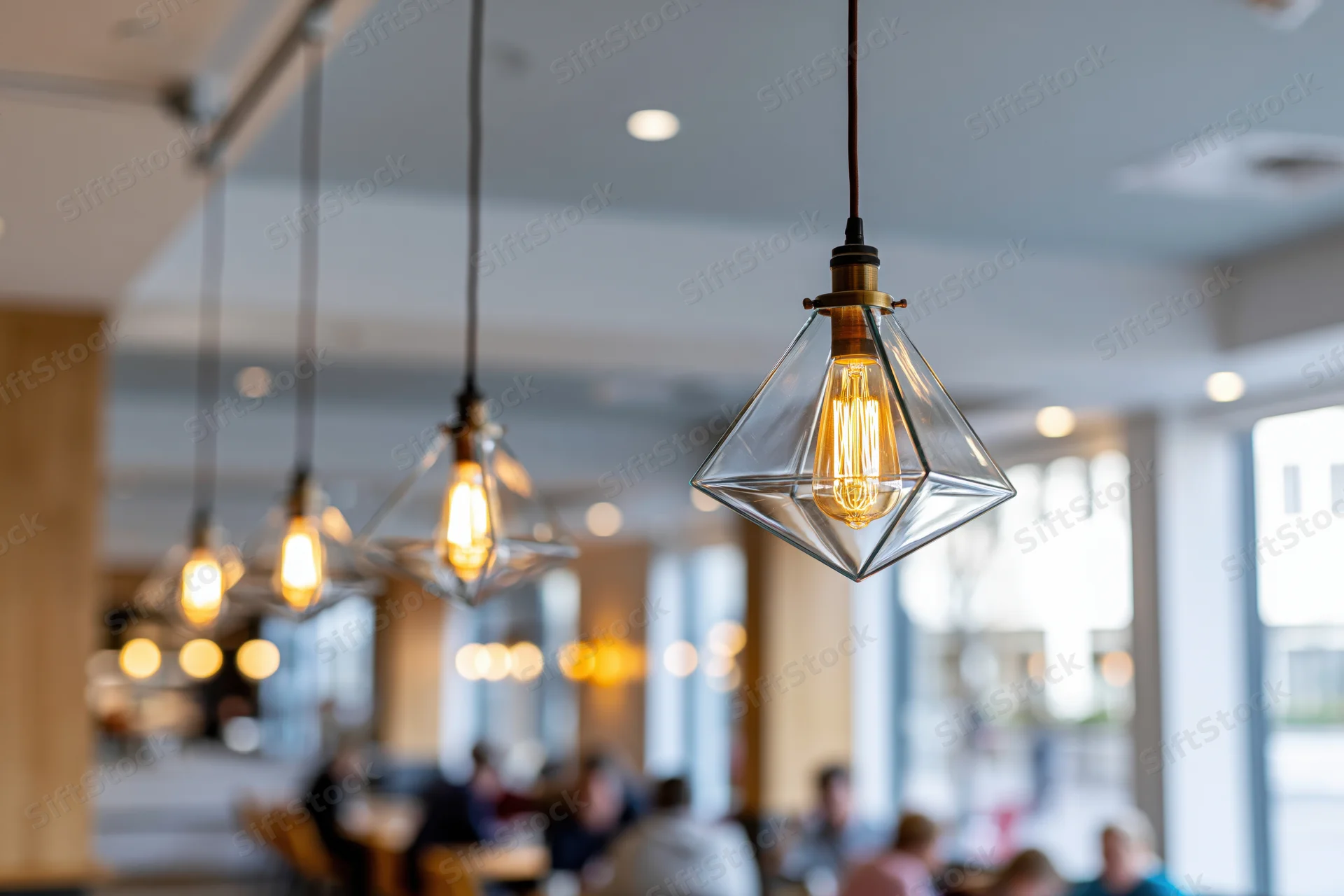 Geometric glass pendant lights with edison bulbs hanging in a modern restaurant interior
