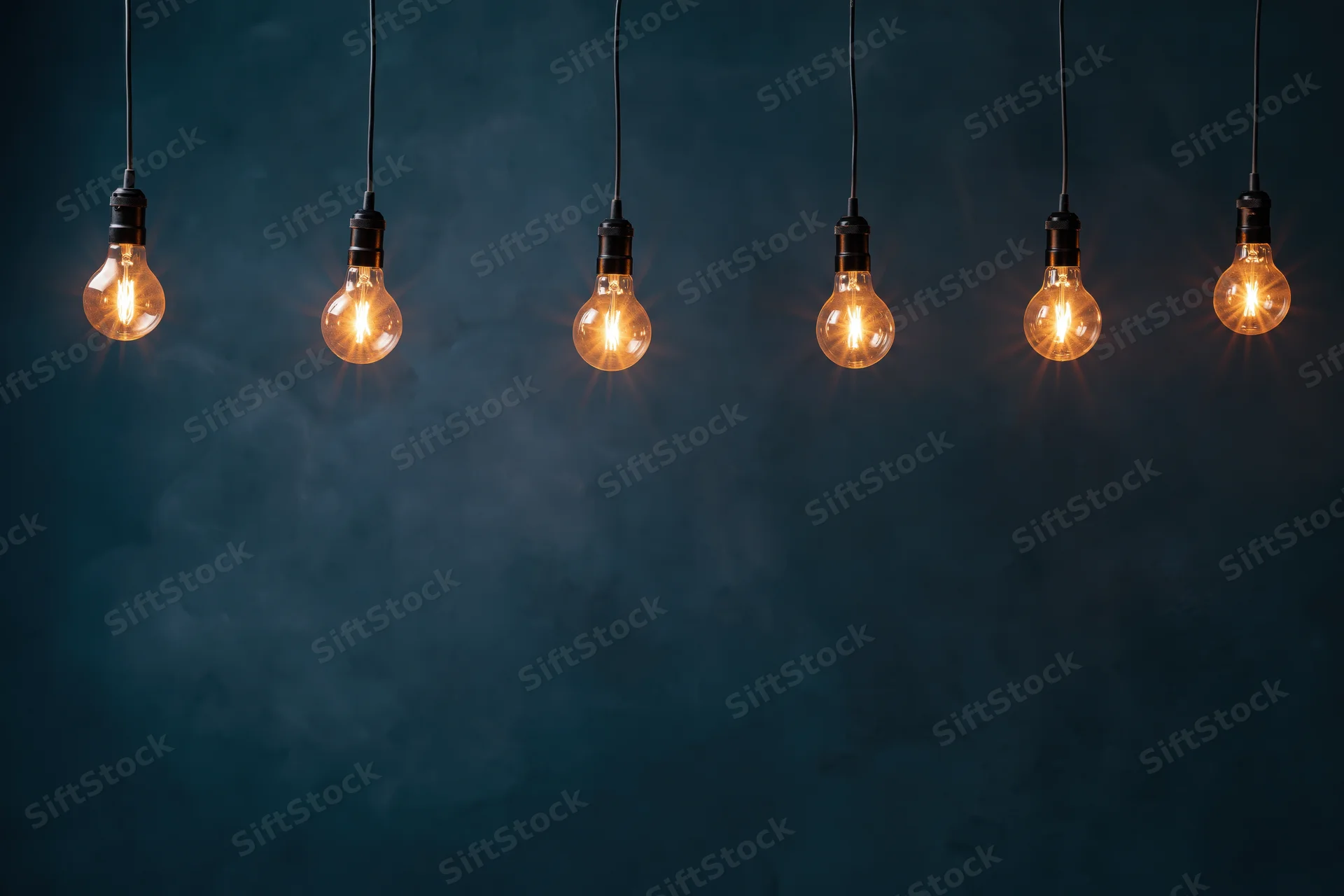 Row of glowing edison-style incandescent bulbs hanging from ceiling against dark blue background with copyspace below
