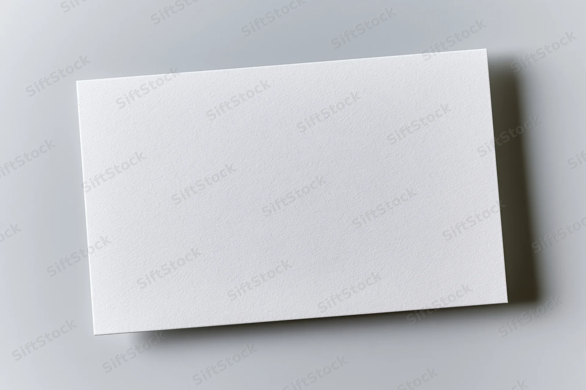 Blank white rectangular card lying flat on a gray surface with soft shadow and copyspace