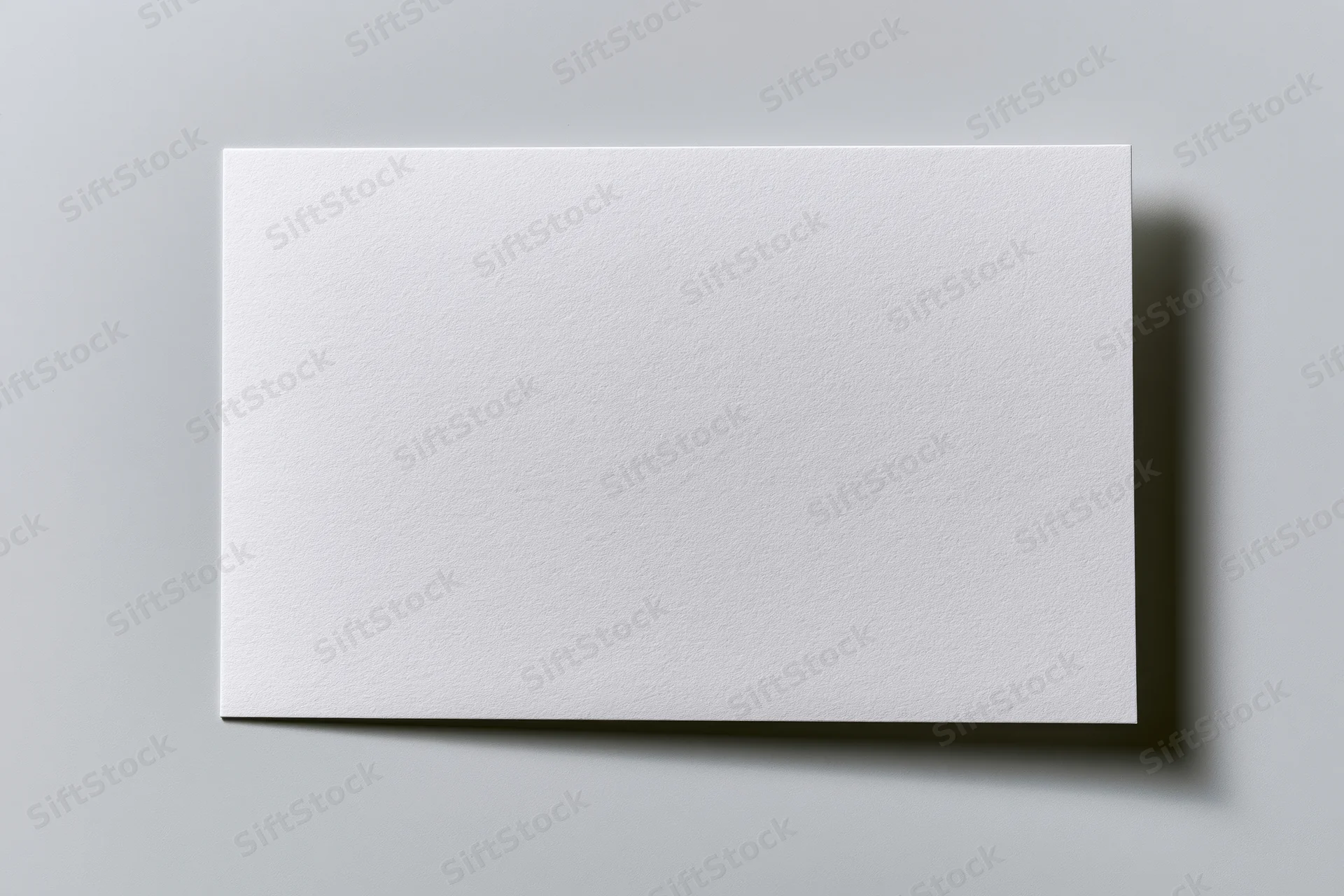 Blank white rectangular card lying flat on a gray surface with soft shadow