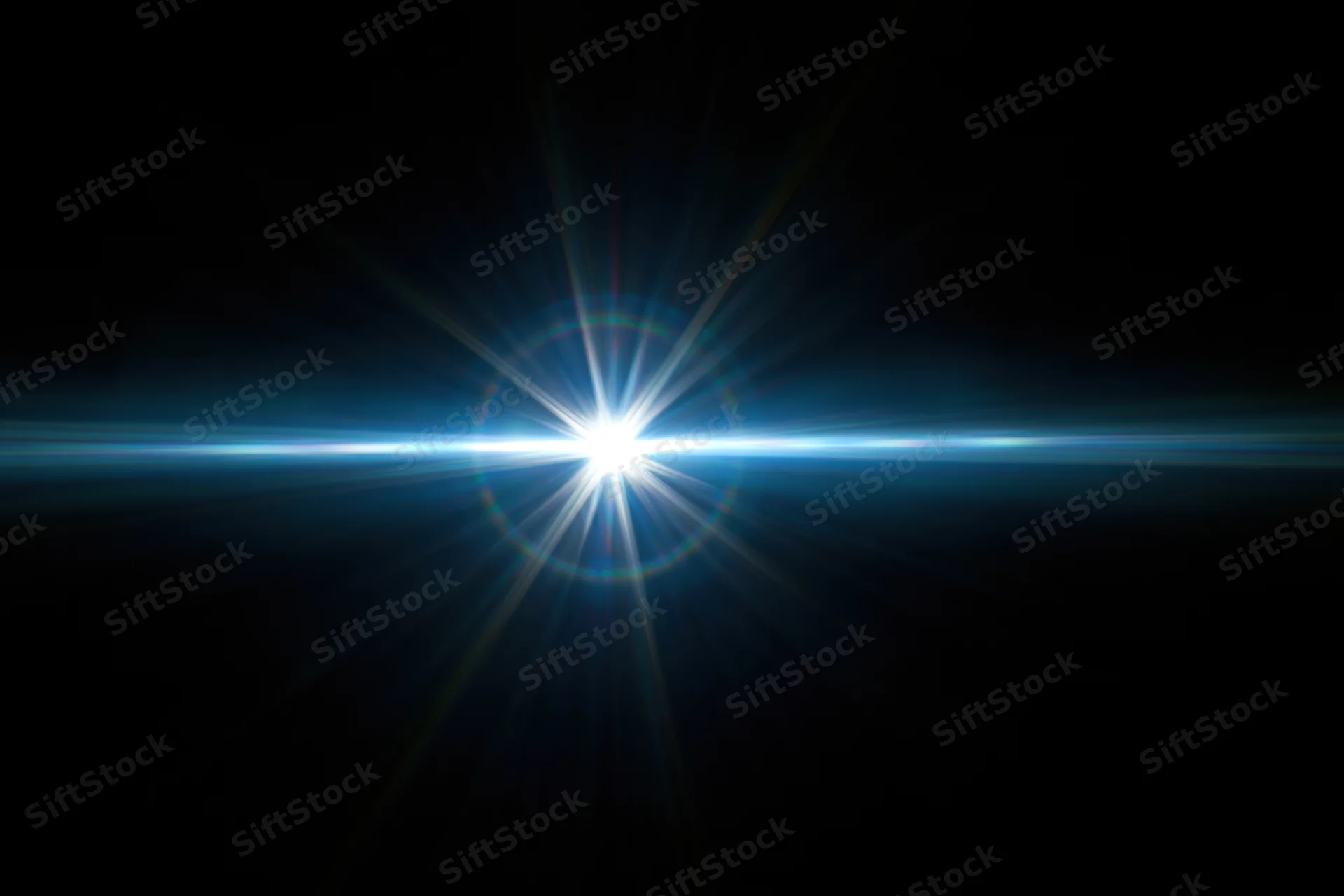 Bright blue-white lens flare centered on dark background with horizontal light beam and starburst rays