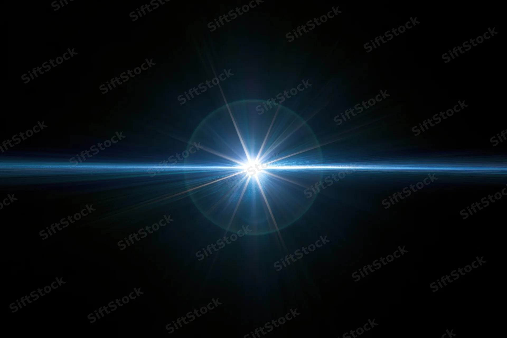 Bright blue-white lens flare centered on black background with horizontal light beam and starburst rays