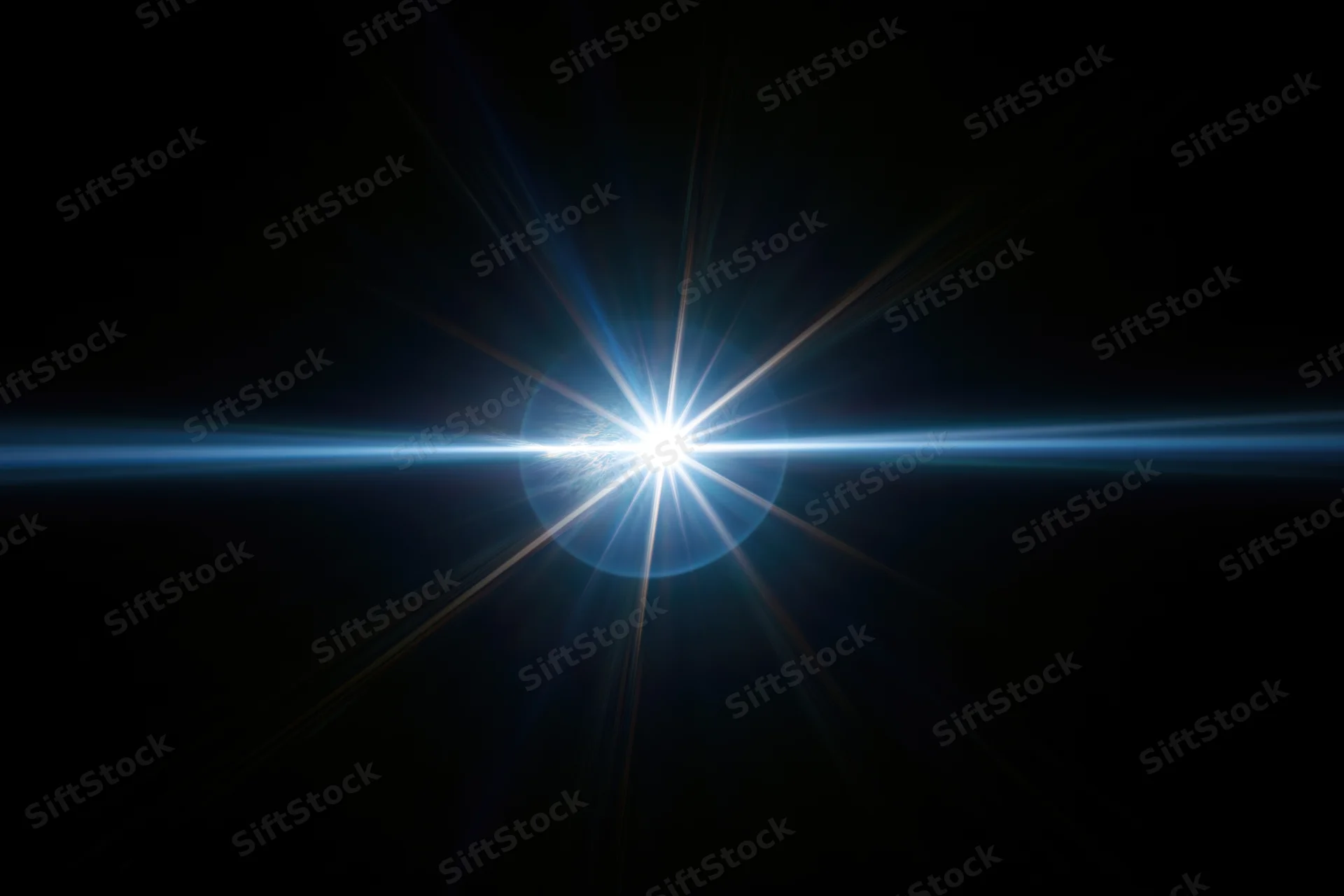 Bright blue-white lens flare centered on black background with radial light beams