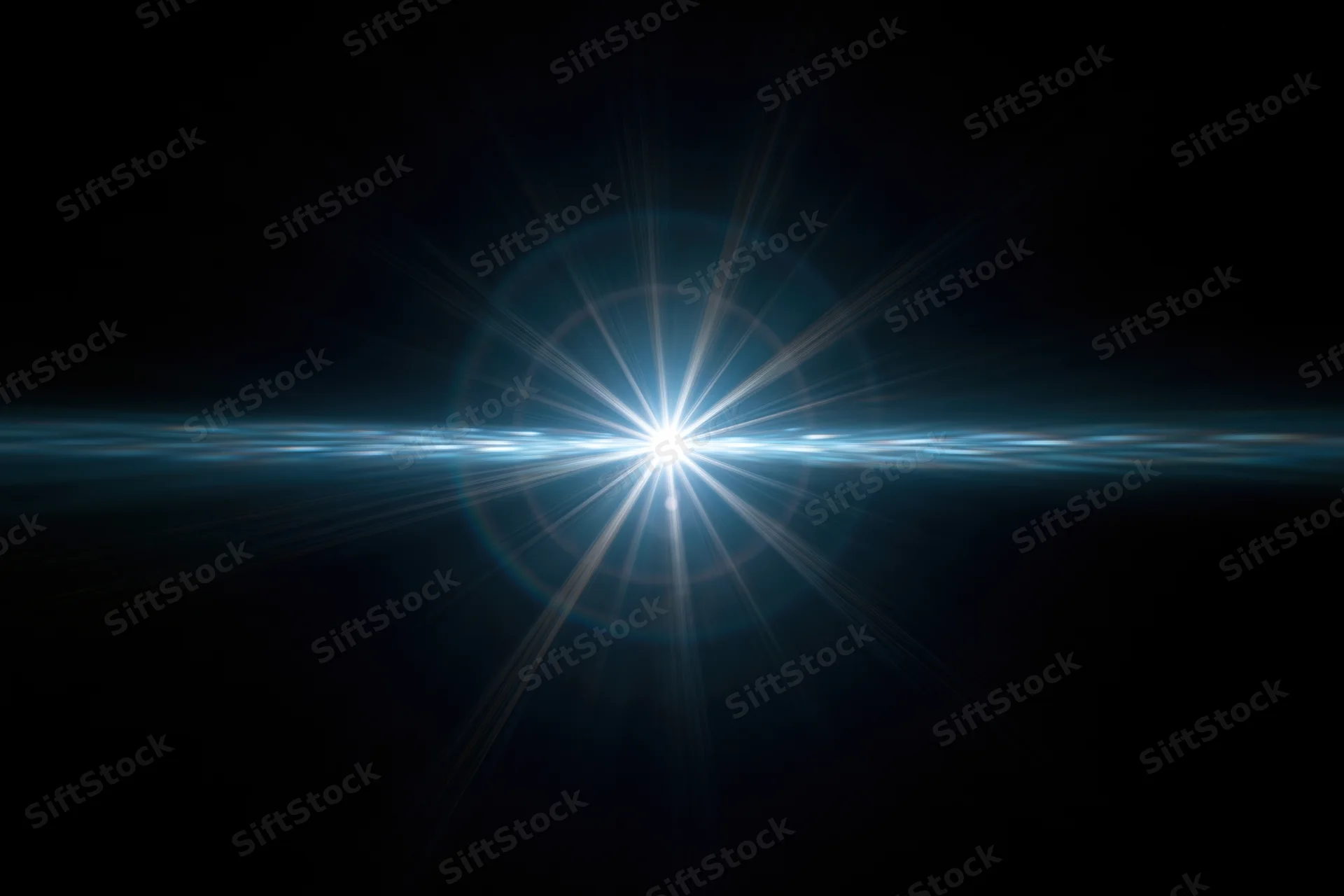 Bright blue-white lens flare centered on dark background with radial light beams and horizontal glow