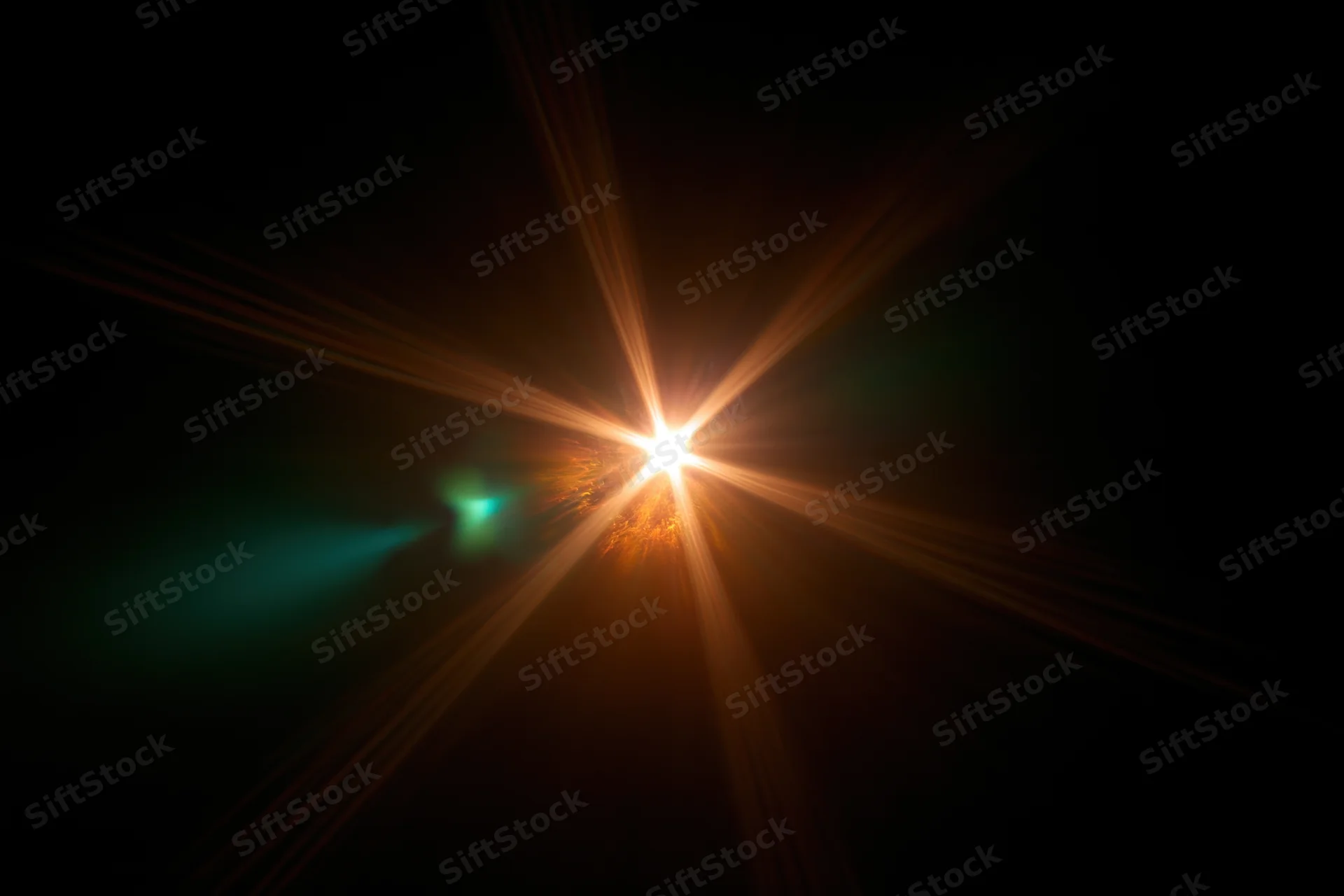 Bright point light source emitting starburst rays against dark background with teal glow on one side