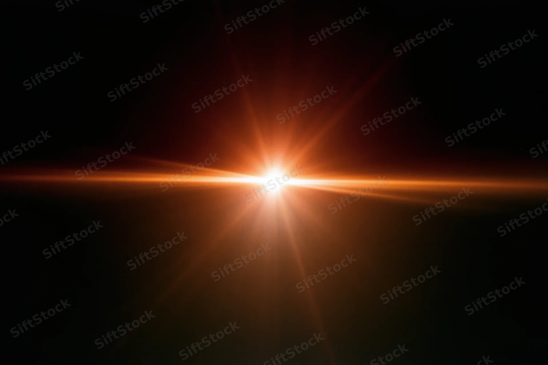 Intense orange-gold lens flare streak cutting horizontally across dark background with starburst effect