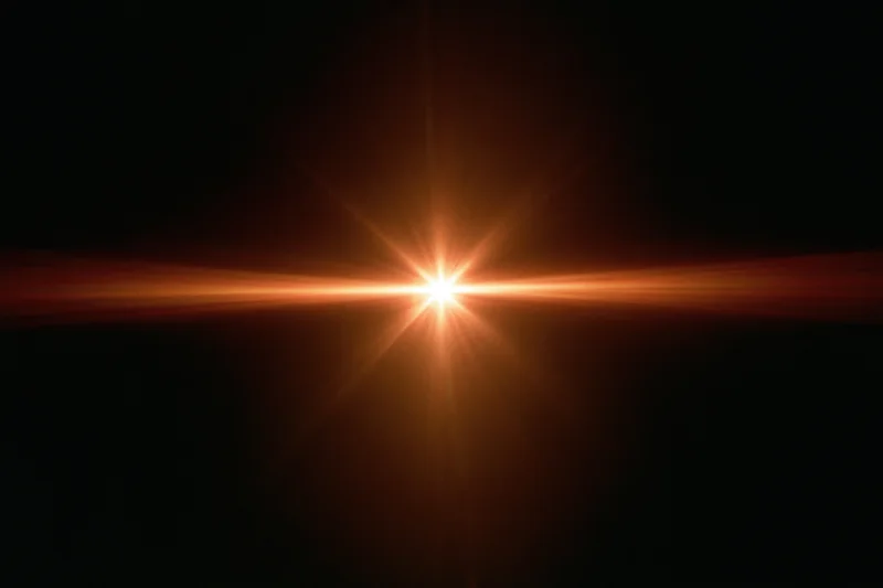 Intense orange-gold lens flare streak radiating horizontally across dark background