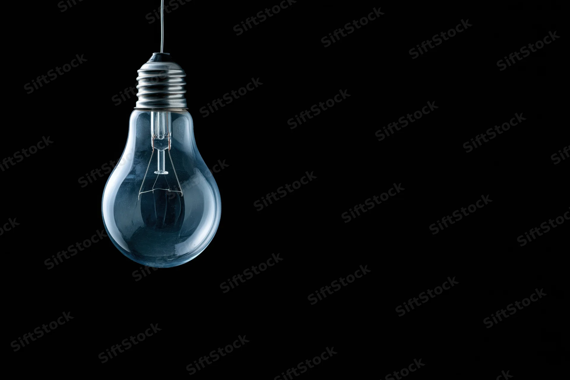 Unlit incandescent glass light bulb hanging from a wire against a black background