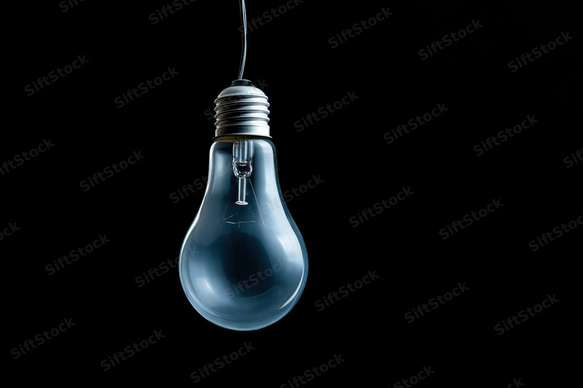 Unlit incandescent glass light bulb hanging from a wire against a black background