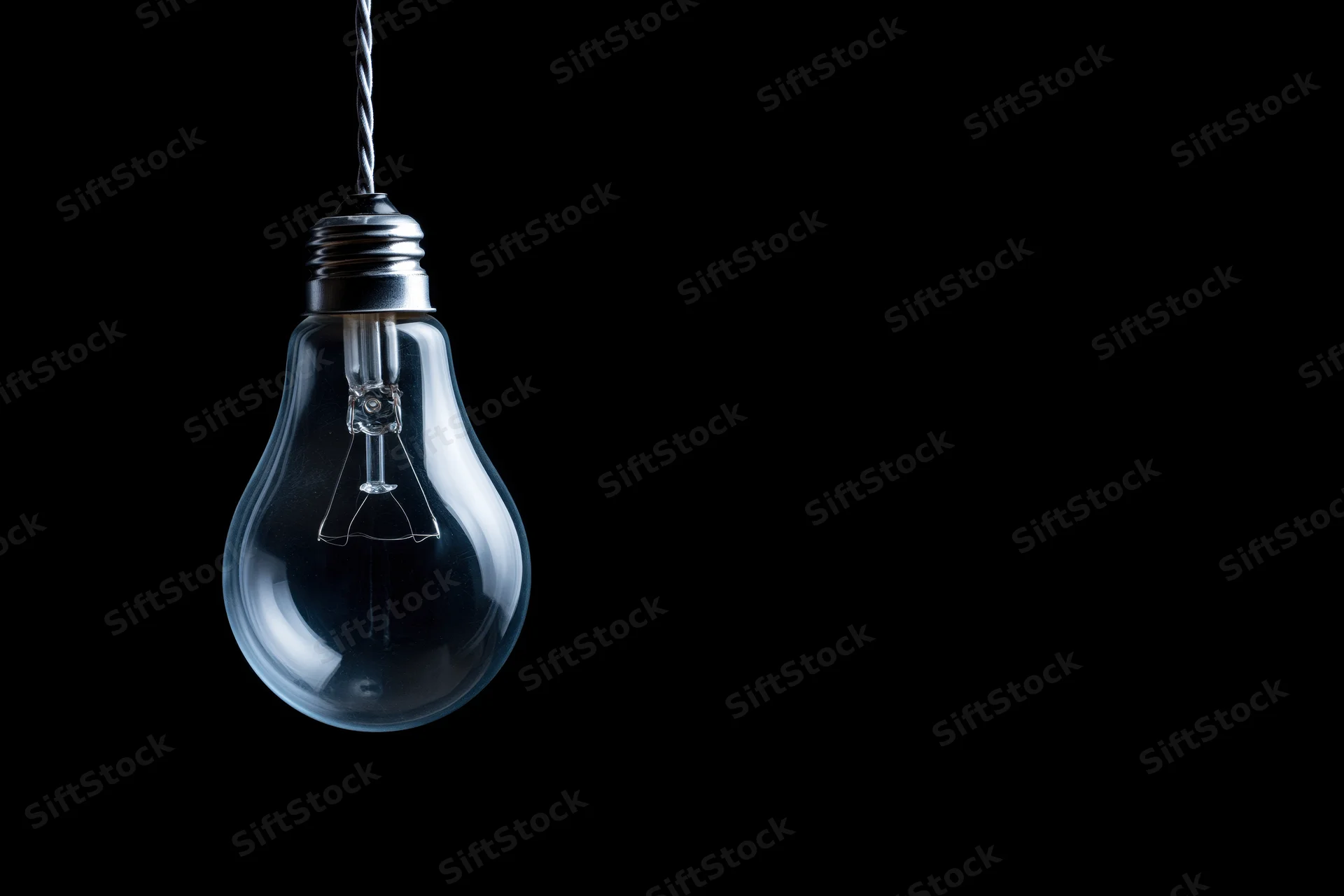 Unlit incandescent glass light bulb hanging from a wire against a black background