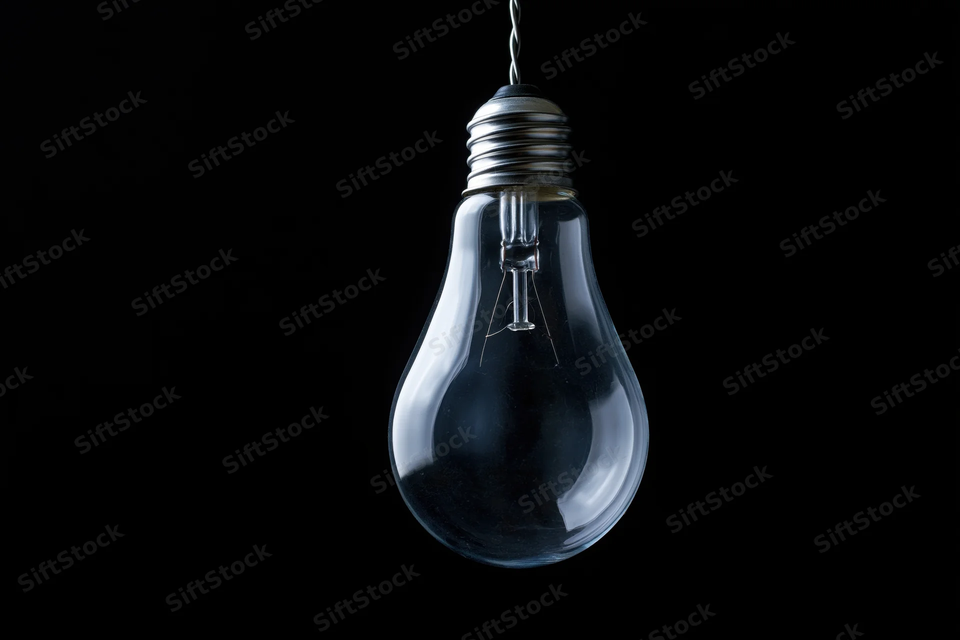 Unlit incandescent glass light bulb hanging from a wire against a black background