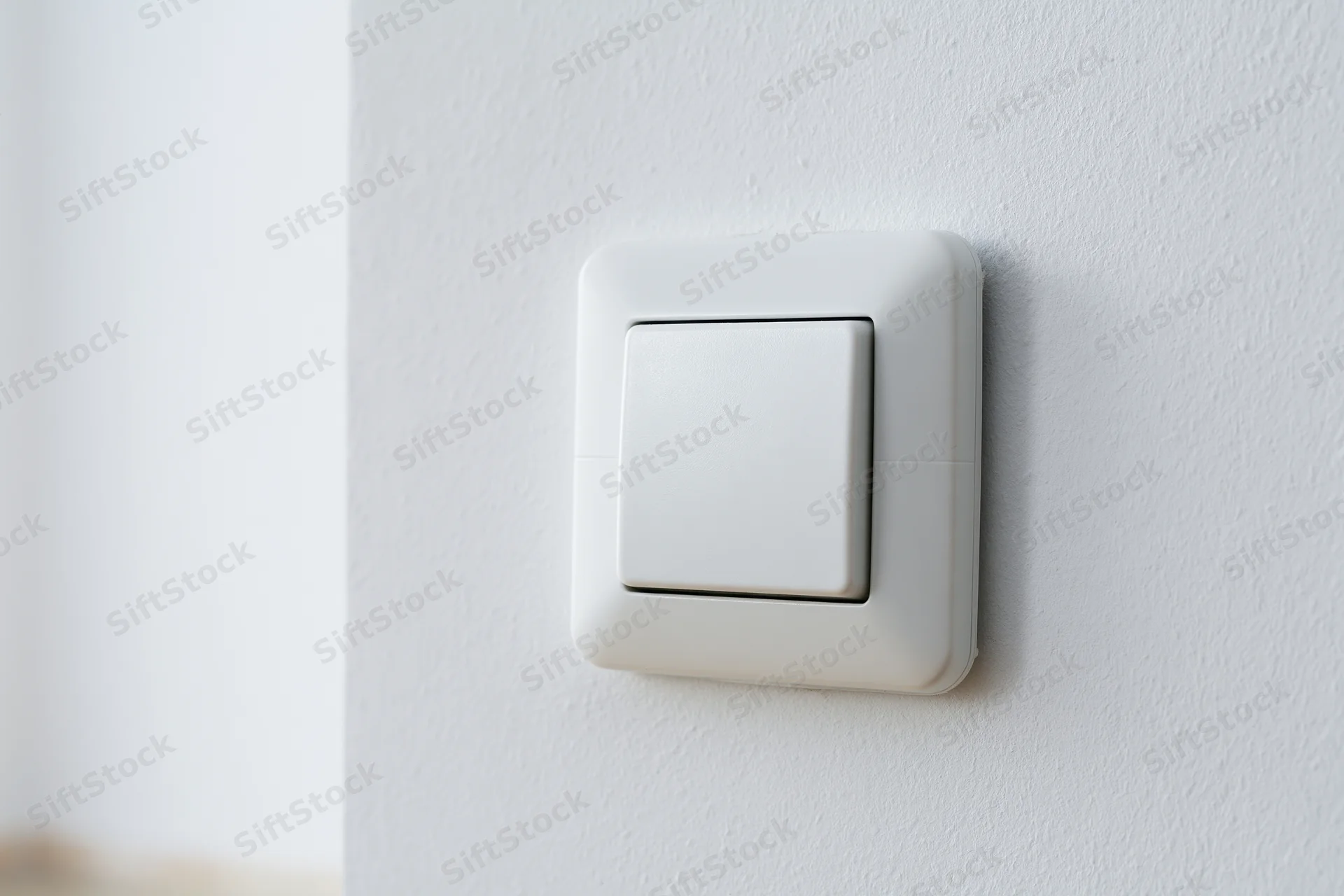 White square push-button light switch mounted on a textured white wall in an interior space