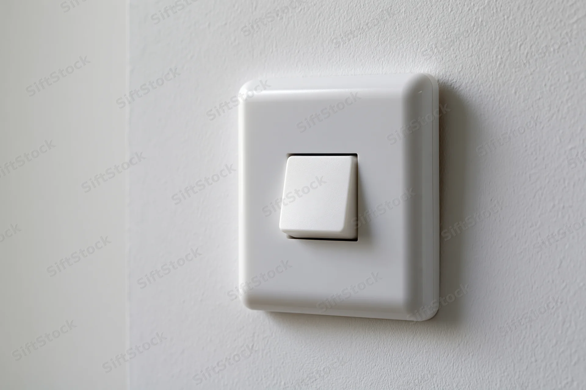 White square push-button light switch mounted on a textured wall in a home interior