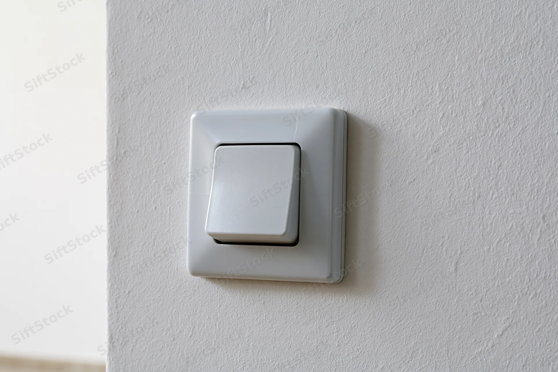 White square push-button light switch mounted on a textured wall in an interior space