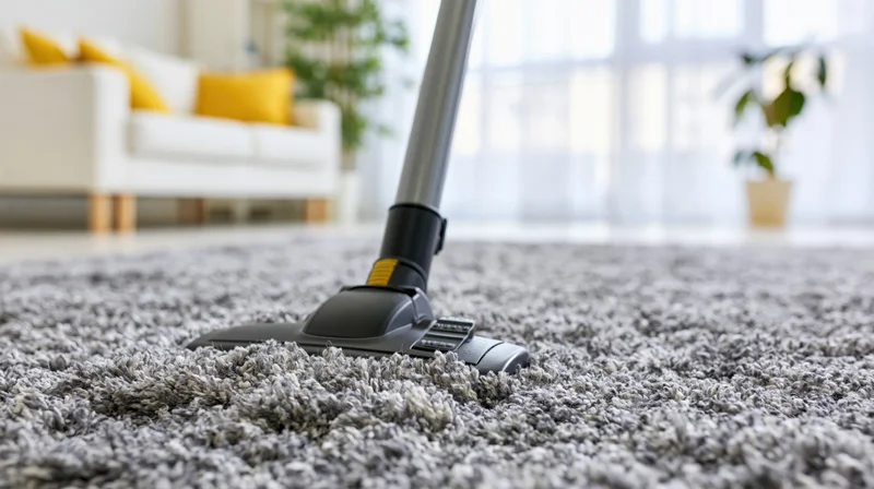 Vacuum cleaner head pressing into thick gray shag carpet in living room