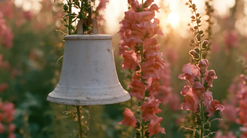 Weathered metal bell hanging among tall pink foxglove flowers in a garden at golden hour