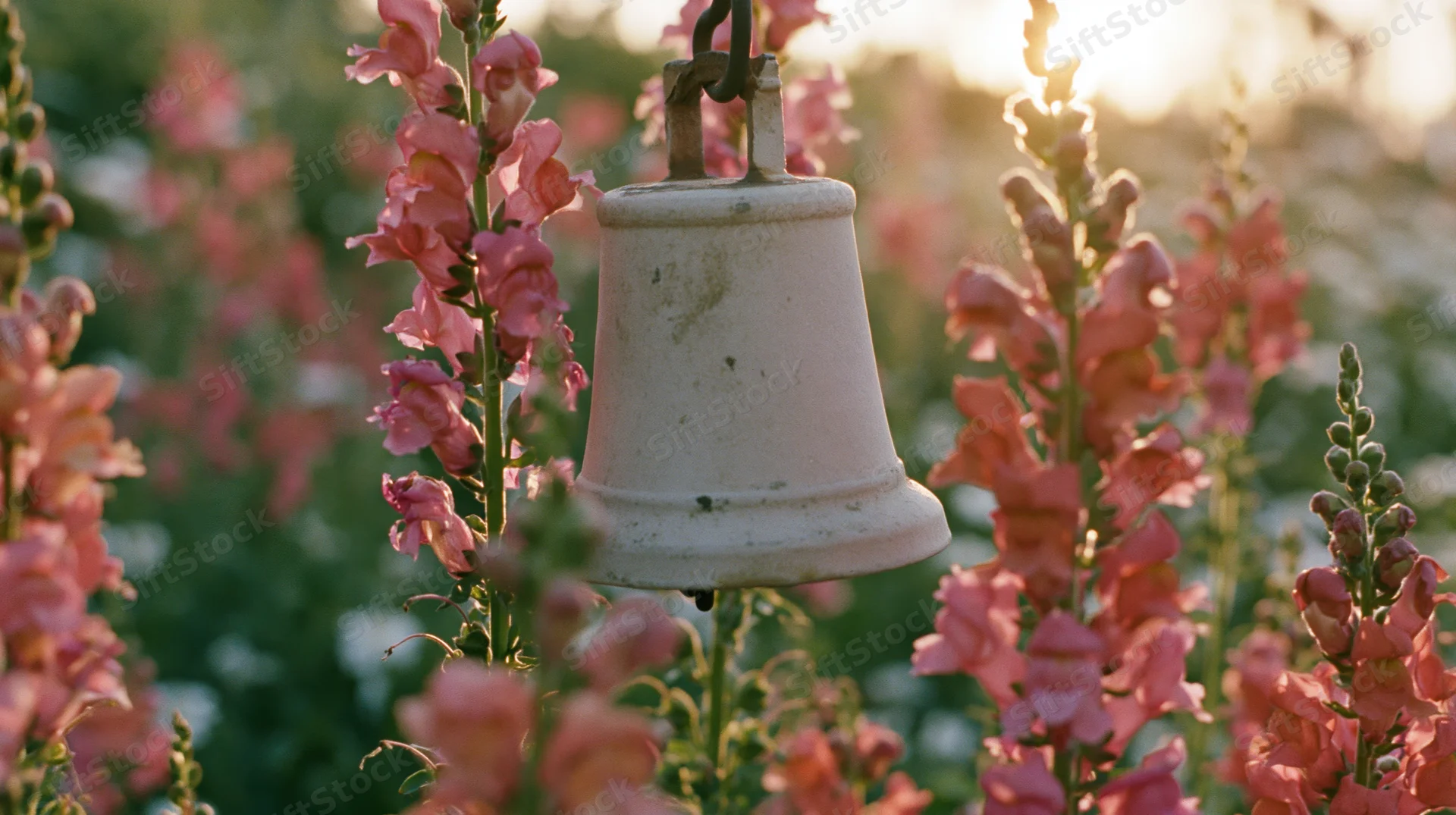 Weathered metal bell hanging among tall pink foxglove flowers in a garden at golden hour