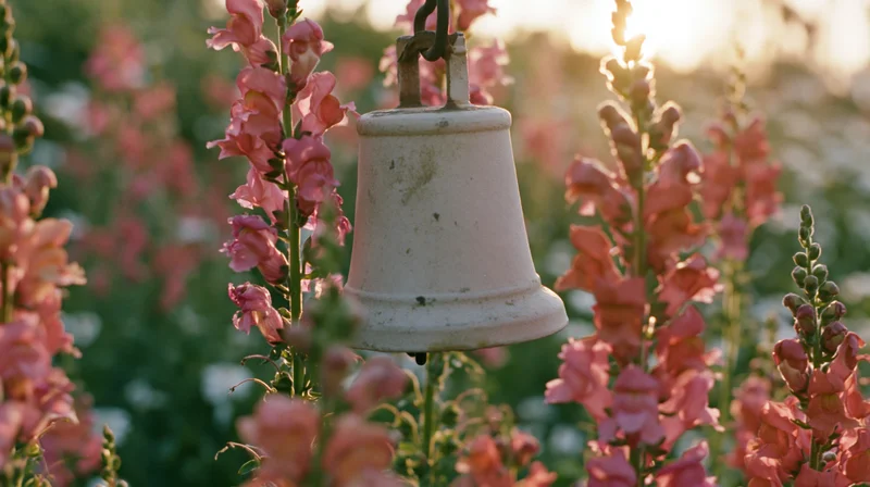 Weathered metal bell hanging among tall pink foxglove flowers in a garden at golden hour