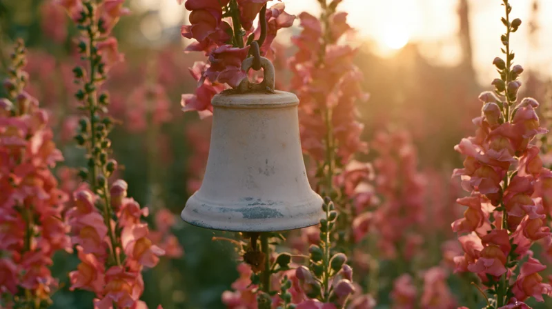 Weathered metal bell hanging among tall pink foxglove flowers in a garden at sunset