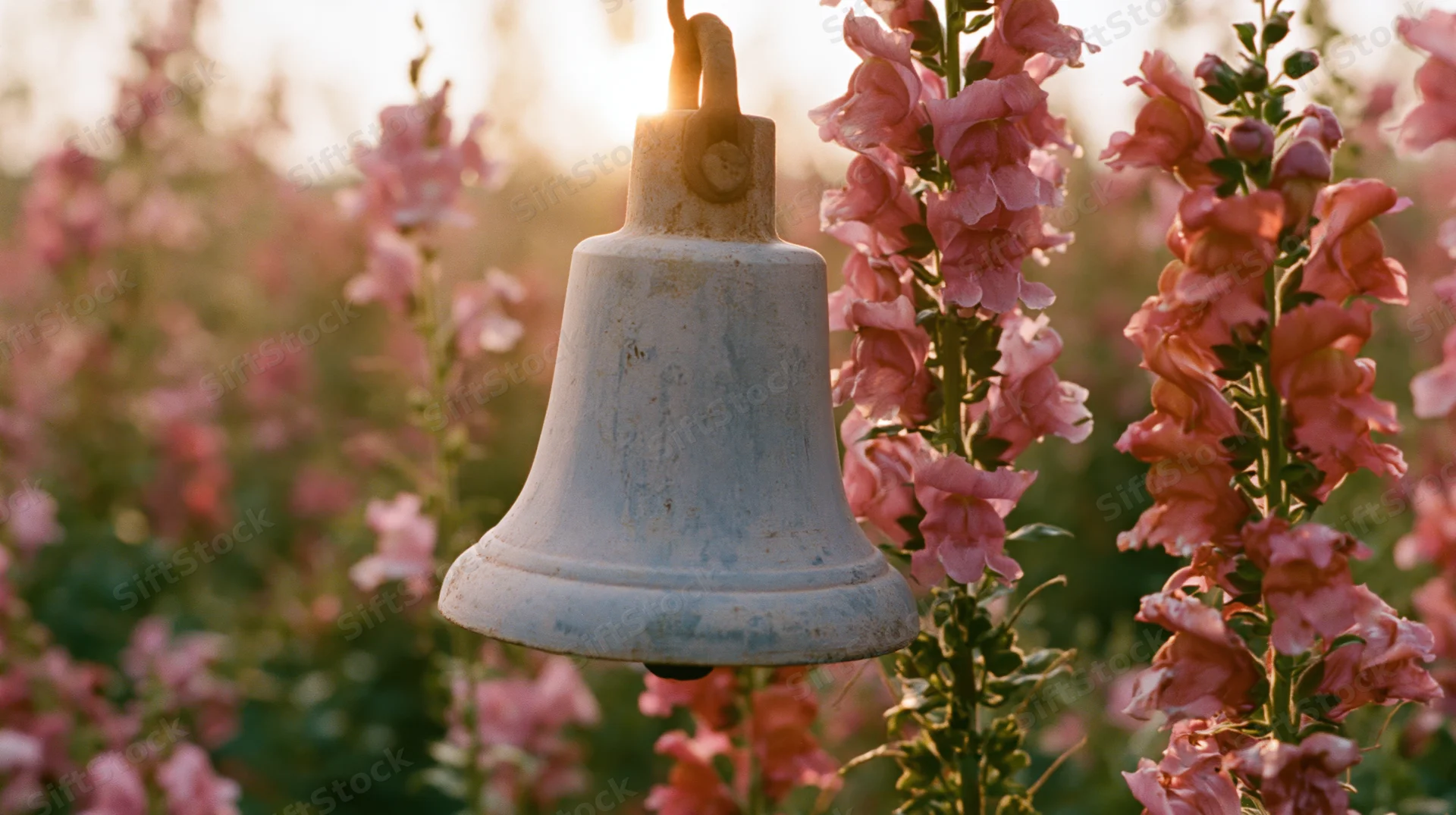 Weathered metal bell hanging among tall pink foxglove flowers in a garden at golden hour