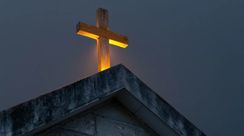 Illuminated wooden cross mounted on church roof peak at twilight