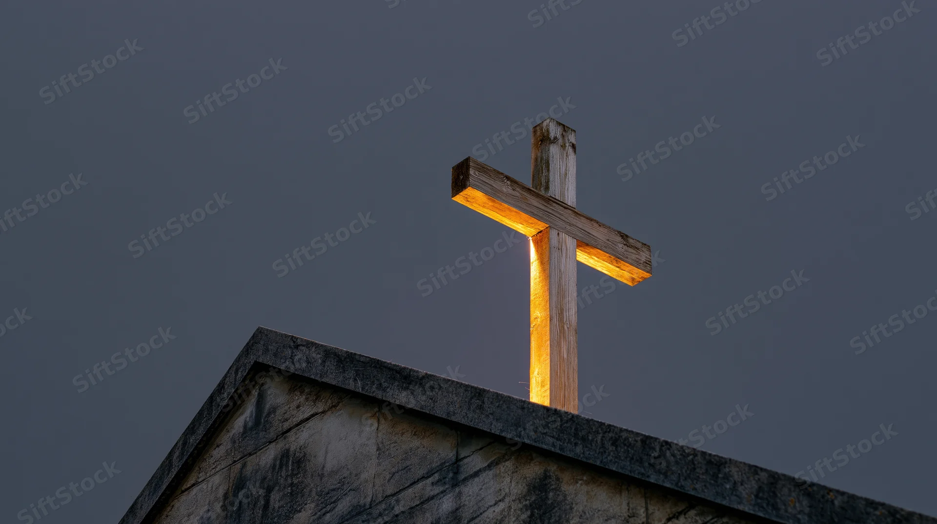 Weathered wooden cross illuminated on church roof peak at twilight