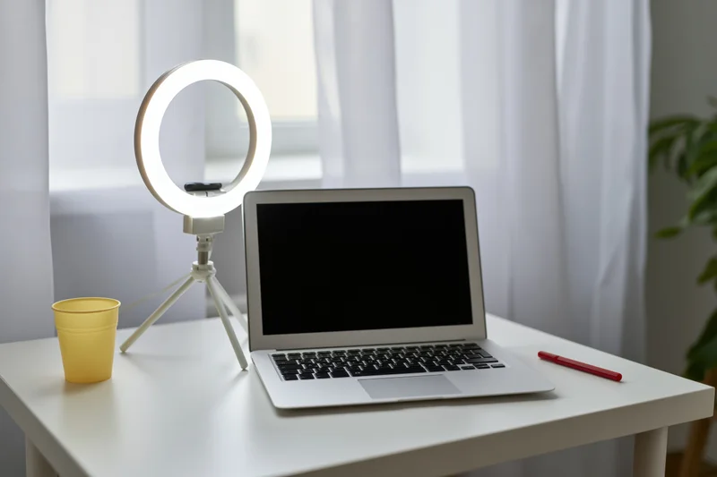 Open laptop with blank screen on white desk beside ringlight and cup, near window with curtains