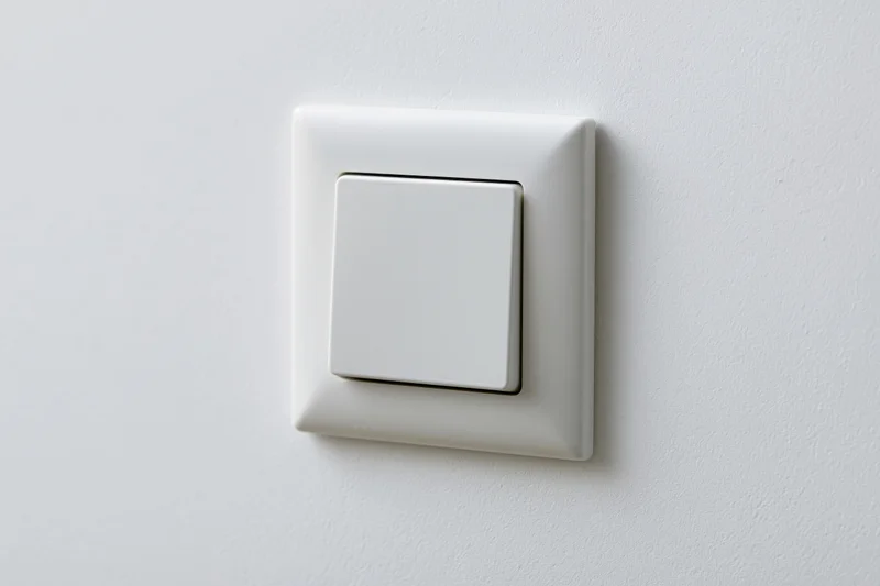 White square push-button light switch mounted on a flat white wall