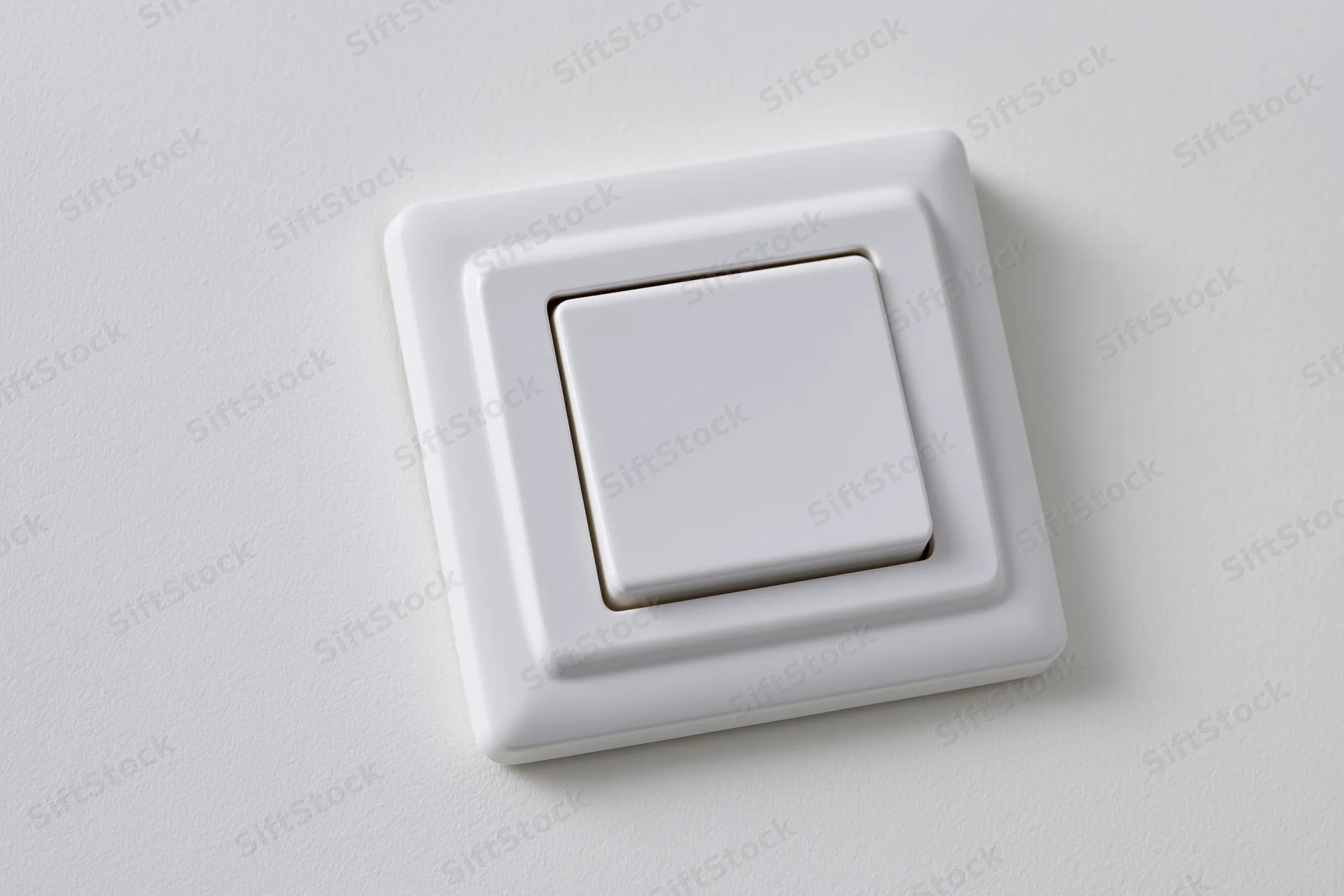 White square push-button light switch mounted flush on a plain white wall
