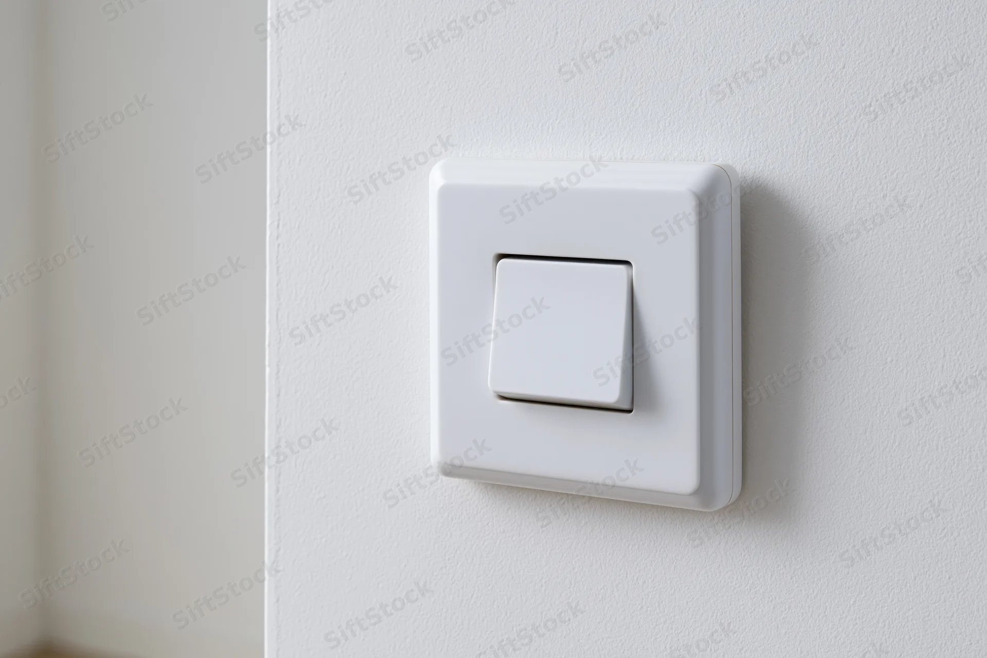 White square push-button light switch mounted on a plain white wall in an interior space
