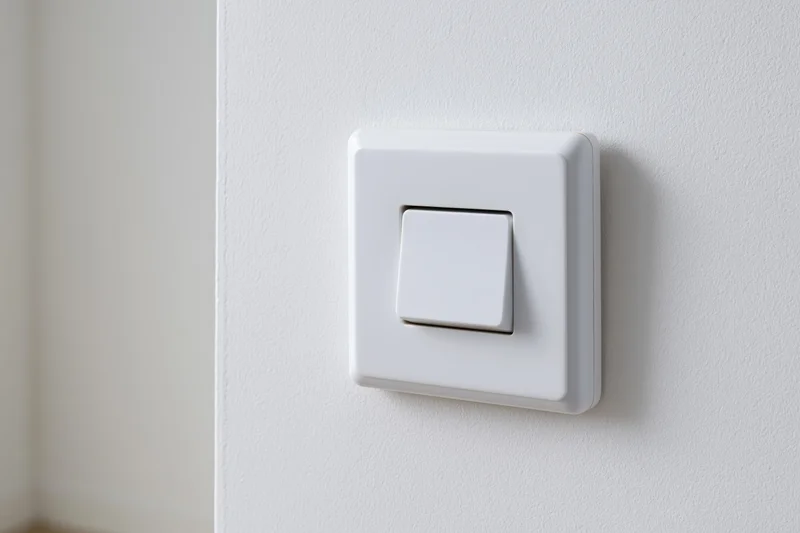 White square push-button light switch mounted on a plain white wall in an interior space