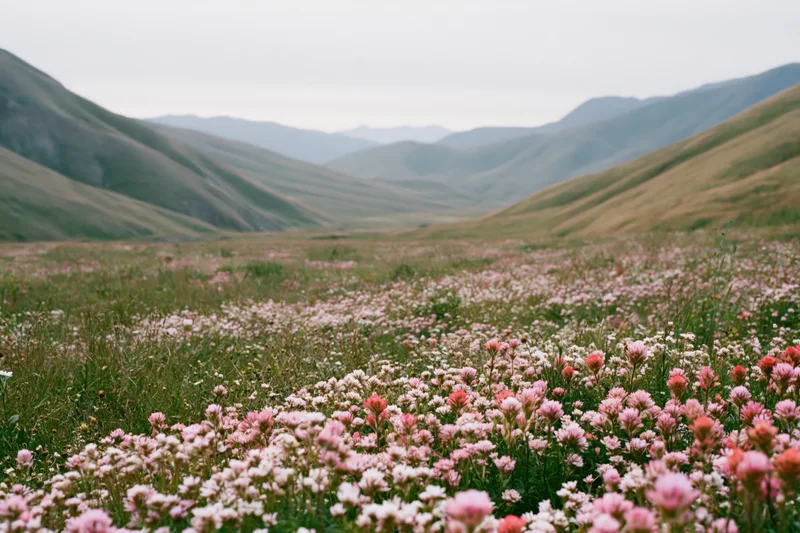 Wildflowers blooming across a meadow in a valley surrounded by rolling green hills