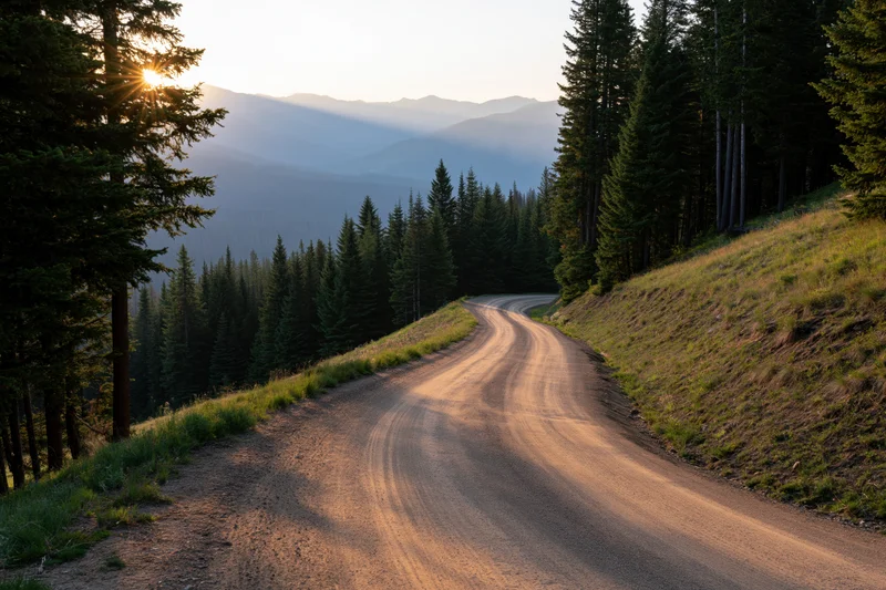Winding dirt road curving through dense evergreen forest at sunset