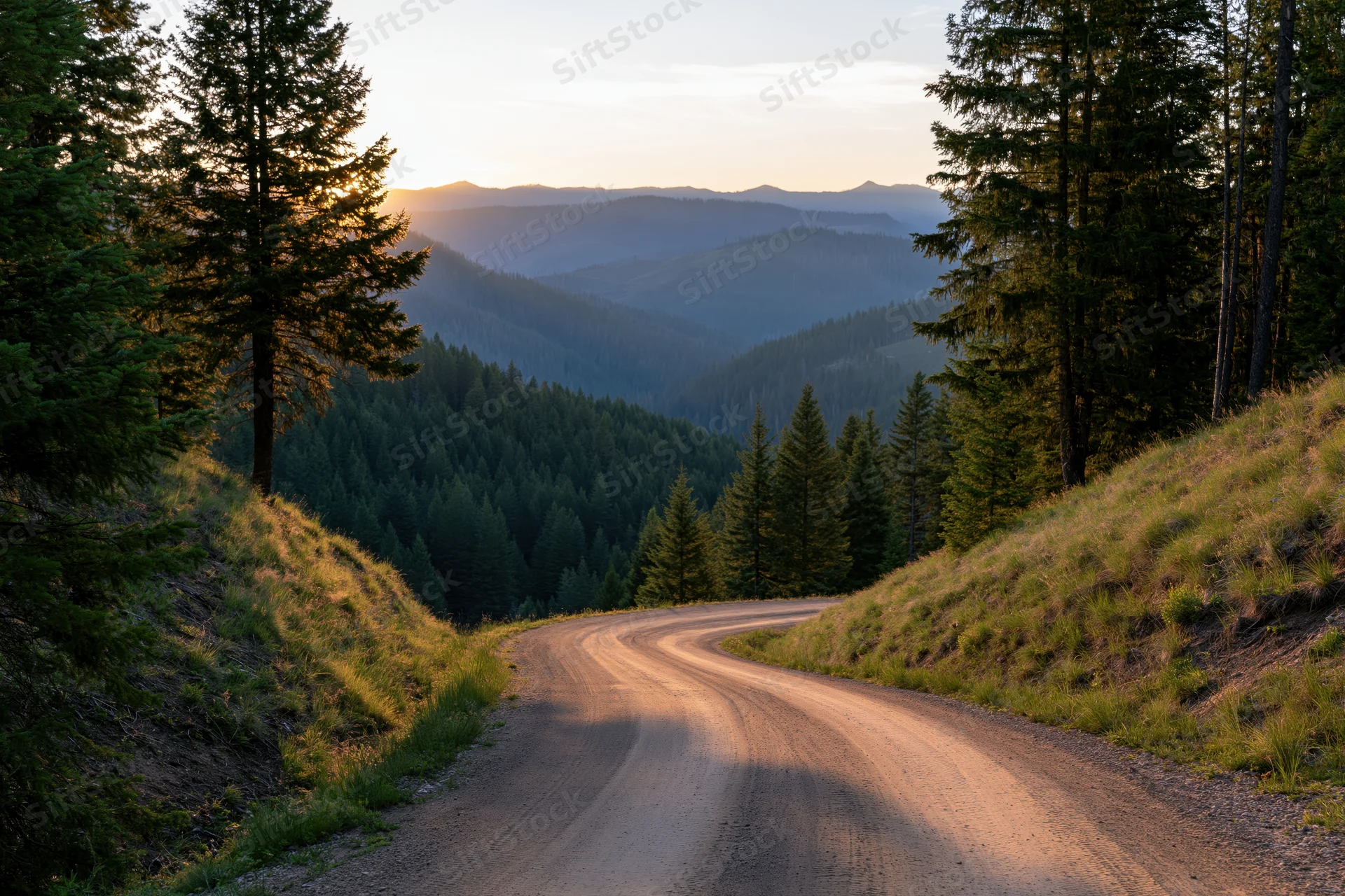 Winding dirt road curving through dense evergreen forest at sunset
