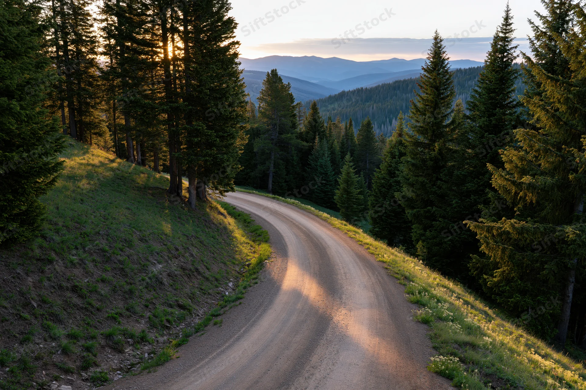 Winding dirt road curving through dense evergreen forest at golden hour