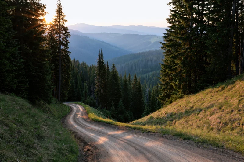 Winding dirt road curving through dense evergreen forest at sunrise with mountain valley in distance