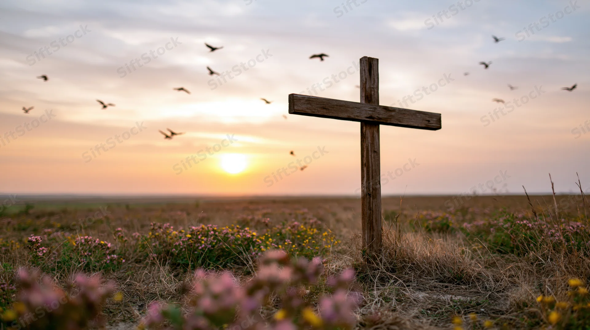 Wooden christian cross standing in a meadow at sunrise with wildflowers and flying birds