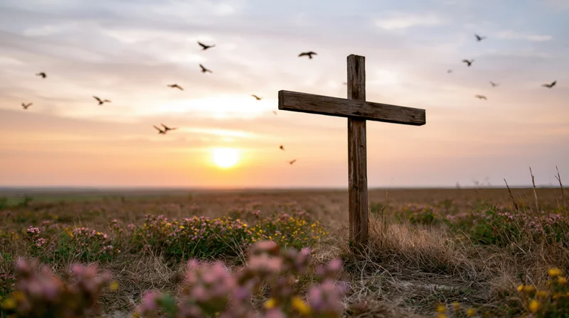 Wooden christian cross standing in a meadow at sunrise with wildflowers and flying birds