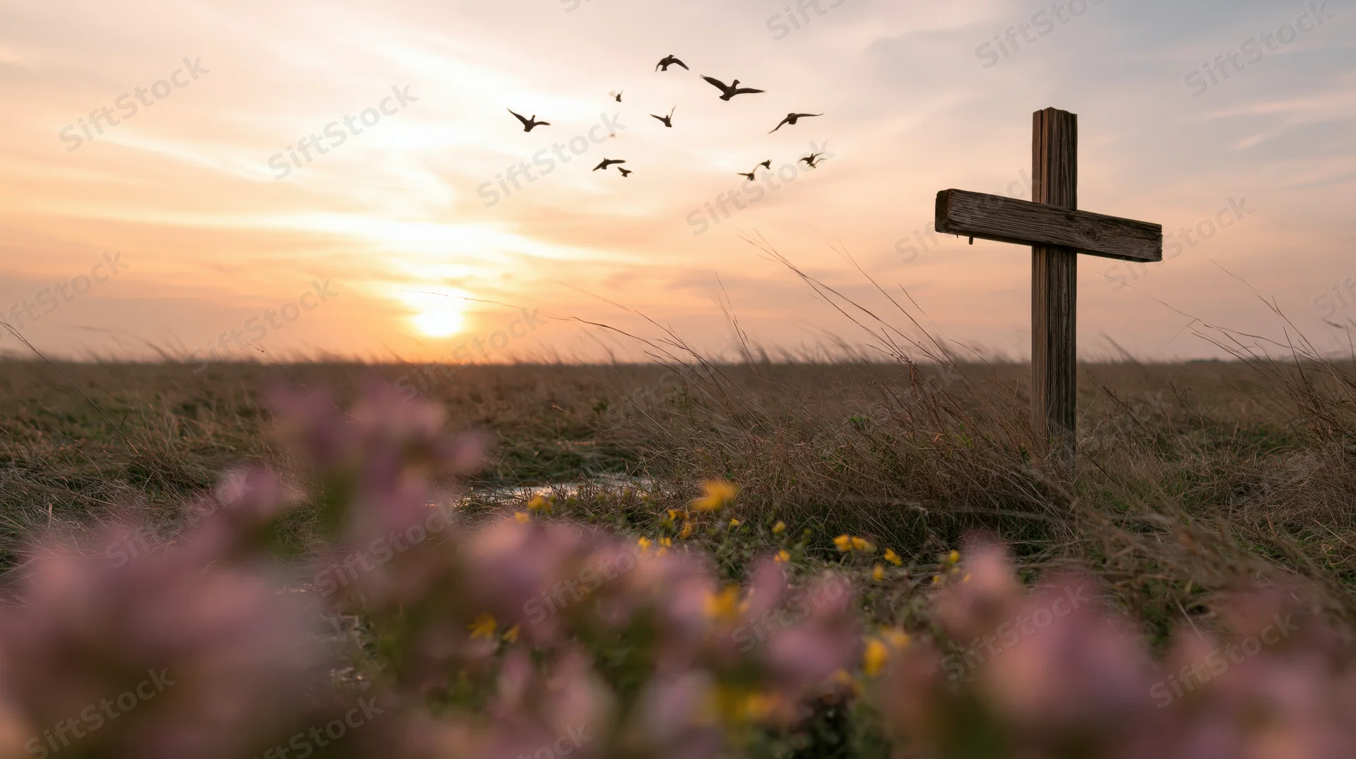 Wooden christian cross standing in a meadow at sunrise with birds flying overhead and wildflowers in the foreground