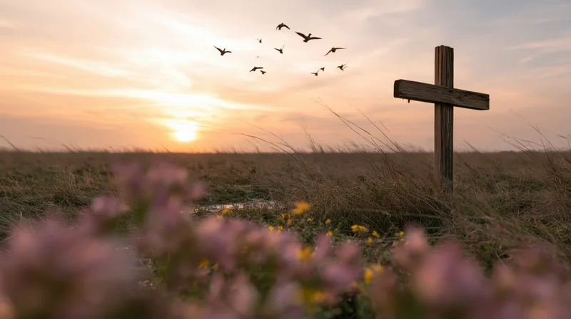 Wooden christian cross standing in a meadow at sunrise with birds flying overhead and wildflowers in the foreground